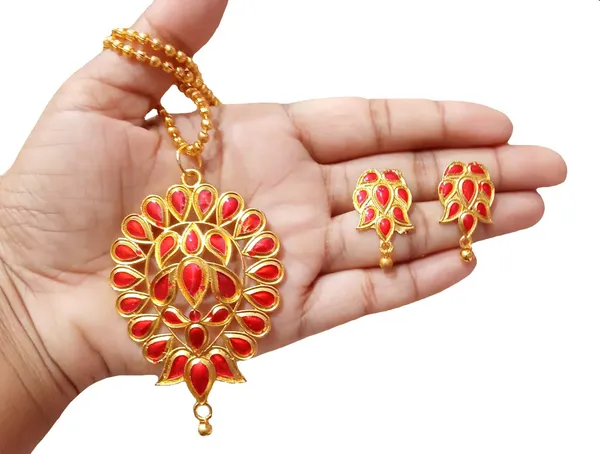 Assamese_Traditional_Gold_Plated_Red_Colour_Dugdugi_Chain_Jewellery_Set_For_Women